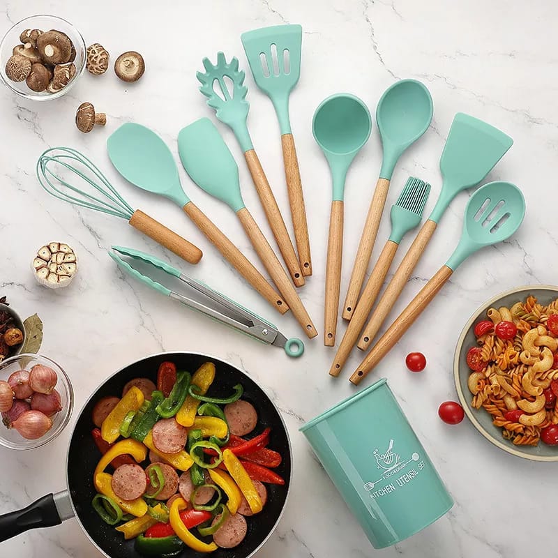 12-Piece Silicone Kitchen Utensil Set | Heat-Resistant, Non-Toxic Cooking Tools with Wooden Handles – Includes Spatula, Turner, Tongs, Spoon, Brush & Whisk (Random Colors)