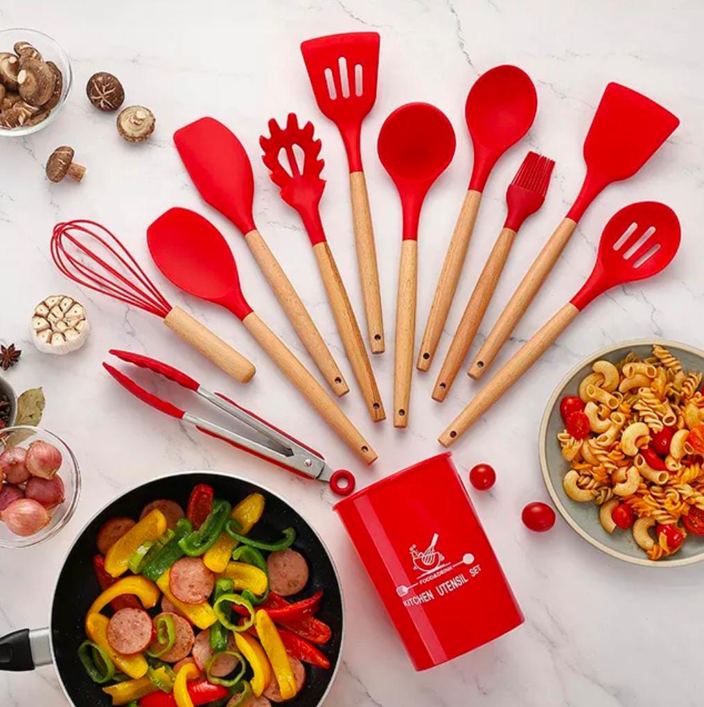 12-Piece Silicone Kitchen Utensil Set | Heat-Resistant, Non-Toxic Cooking Tools with Wooden Handles – Includes Spatula, Turner, Tongs, Spoon, Brush & Whisk (Random Colors)