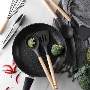12-Piece Silicone Kitchen Utensil Set | Heat-Resistant, Non-Toxic Cooking Tools with Wooden Handles – Includes Spatula, Turner, Tongs, Spoon, Brush & Whisk (Random Colors)