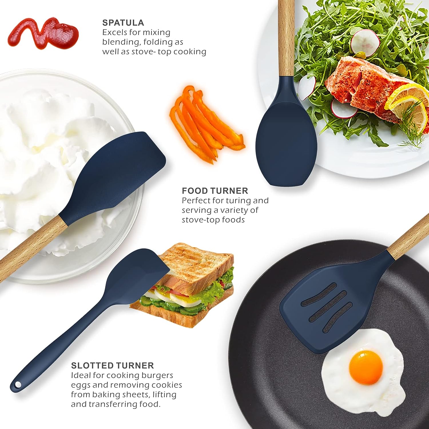 12-Piece Silicone Kitchen Utensil Set | Heat-Resistant, Non-Toxic Cooking Tools with Wooden Handles – Includes Spatula, Turner, Tongs, Spoon, Brush & Whisk (Random Colors)