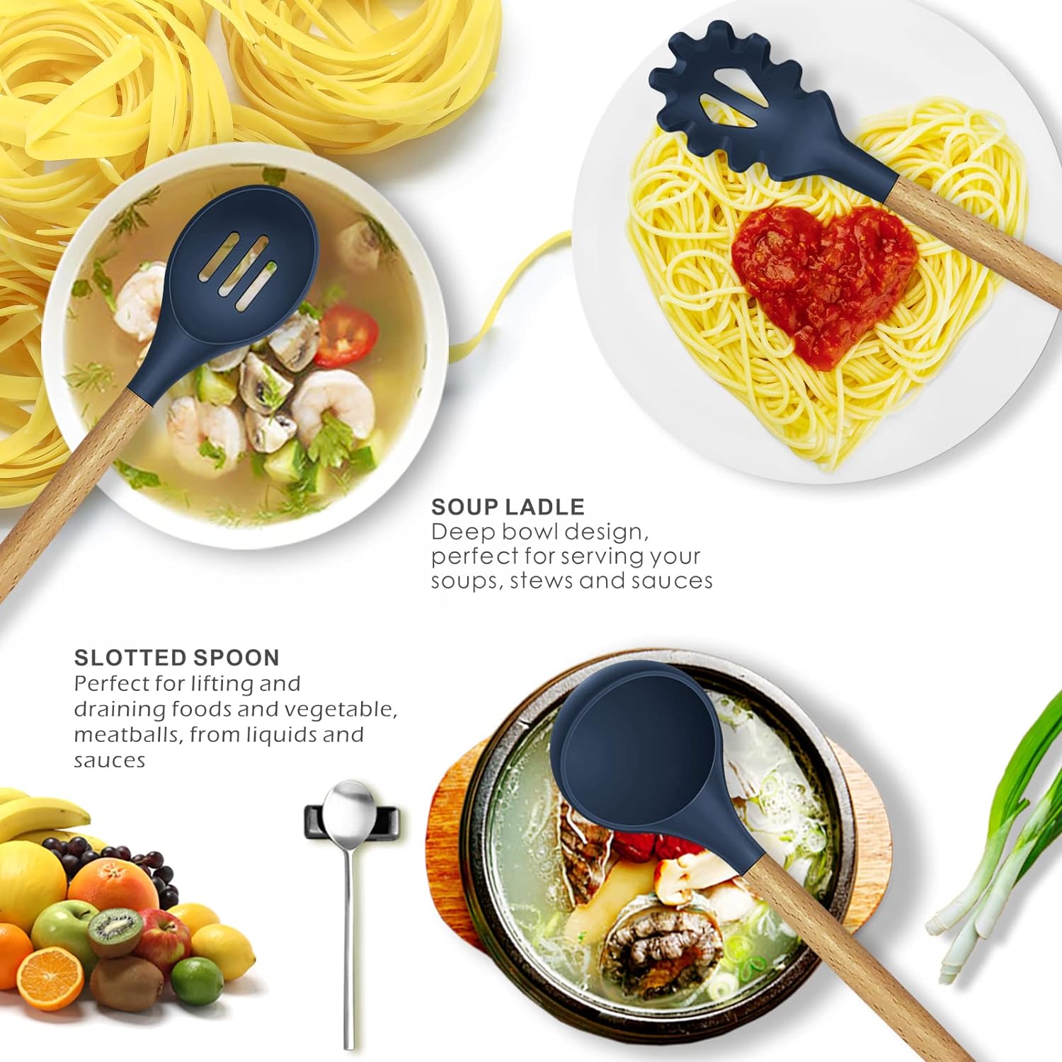 12-Piece Silicone Kitchen Utensil Set | Heat-Resistant, Non-Toxic Cooking Tools with Wooden Handles – Includes Spatula, Turner, Tongs, Spoon, Brush & Whisk (Random Colors)