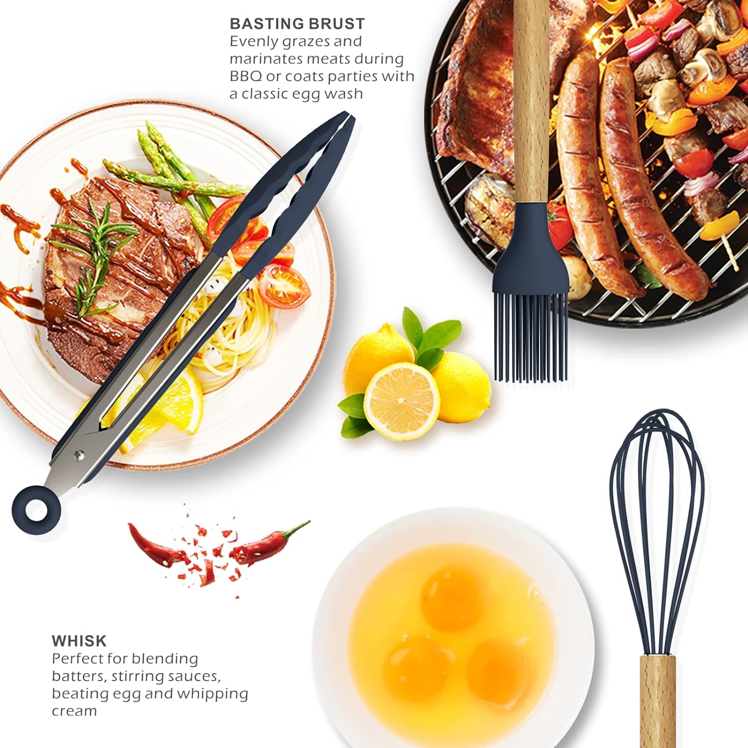 12-Piece Silicone Kitchen Utensil Set | Heat-Resistant, Non-Toxic Cooking Tools with Wooden Handles – Includes Spatula, Turner, Tongs, Spoon, Brush & Whisk (Random Colors)