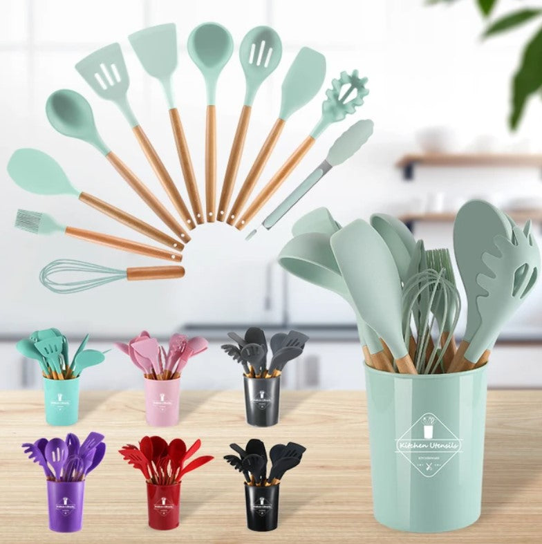 12-Piece Silicone Kitchen Utensil Set | Heat-Resistant, Non-Toxic Cooking Tools with Wooden Handles – Includes Spatula, Turner, Tongs, Spoon, Brush & Whisk (Random Colors)