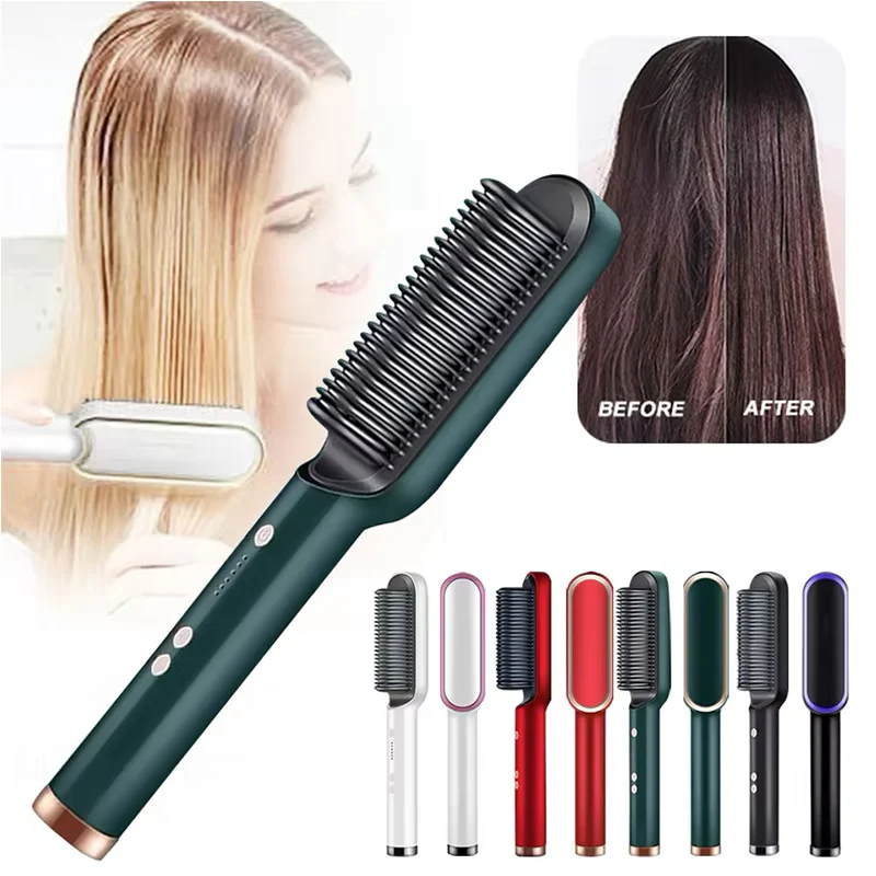 2-in-1 Hair Straightener Brush & Curling Comb | Anti-Scald Electric Hot Comb for Travel & Home Salon Styling
